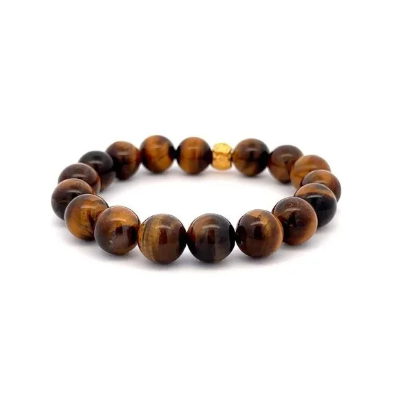 24K Gold Money Bag Lucky Charm Bracelet Gemstones Tiger Eye Brown 10mm - Picture 5 of 5